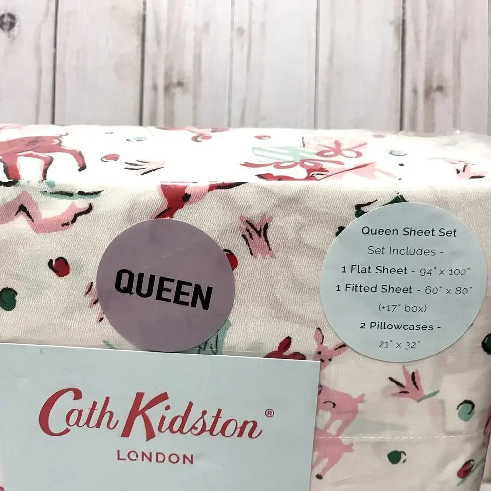 CATH KIDSTON London QUEEN Sheet Set 100% Cotton Ditsy Deer Christmas Holiday New